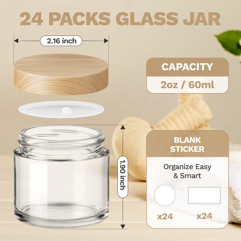 Bumobum 2 oz Small Glass Jars with Plastic Woodgrain Lids, 24 Pack Clear Glass Cosmetic Jars with Inner Liners, 60ml Refillable Empty Sample Containers for Cream, Salve, Powders and Lotion Storage - Image 3